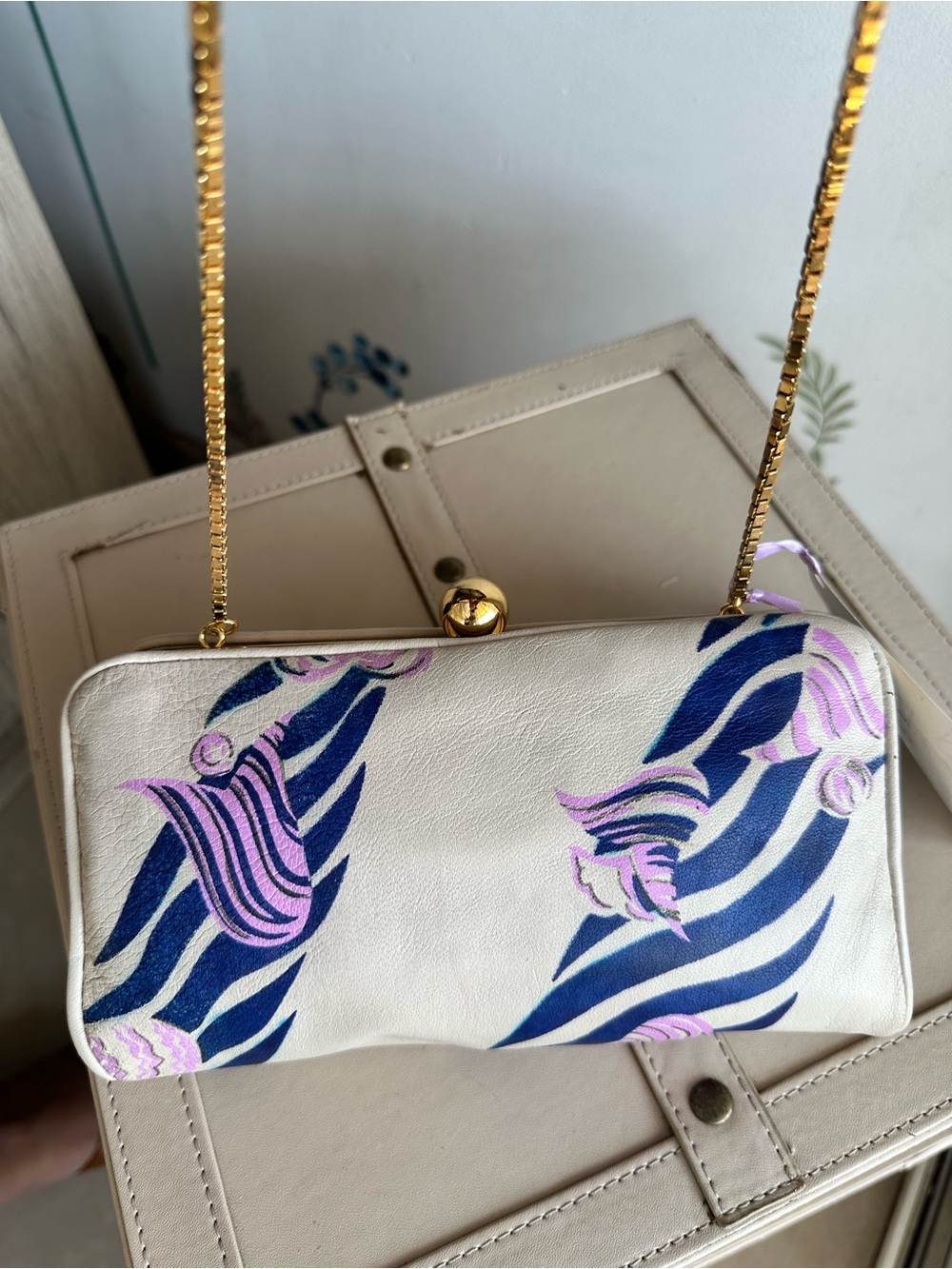 Zandra Rhodes Zebra Print Beige Leather Clutch with Gold Chain Strap